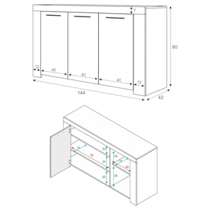 Credenza Bellevue, Madia moderna a 3 ante, Buffet da soggiorno, Mobile porta TV, Madia per salotto, cm 144x42h80, Cemento e Bianco