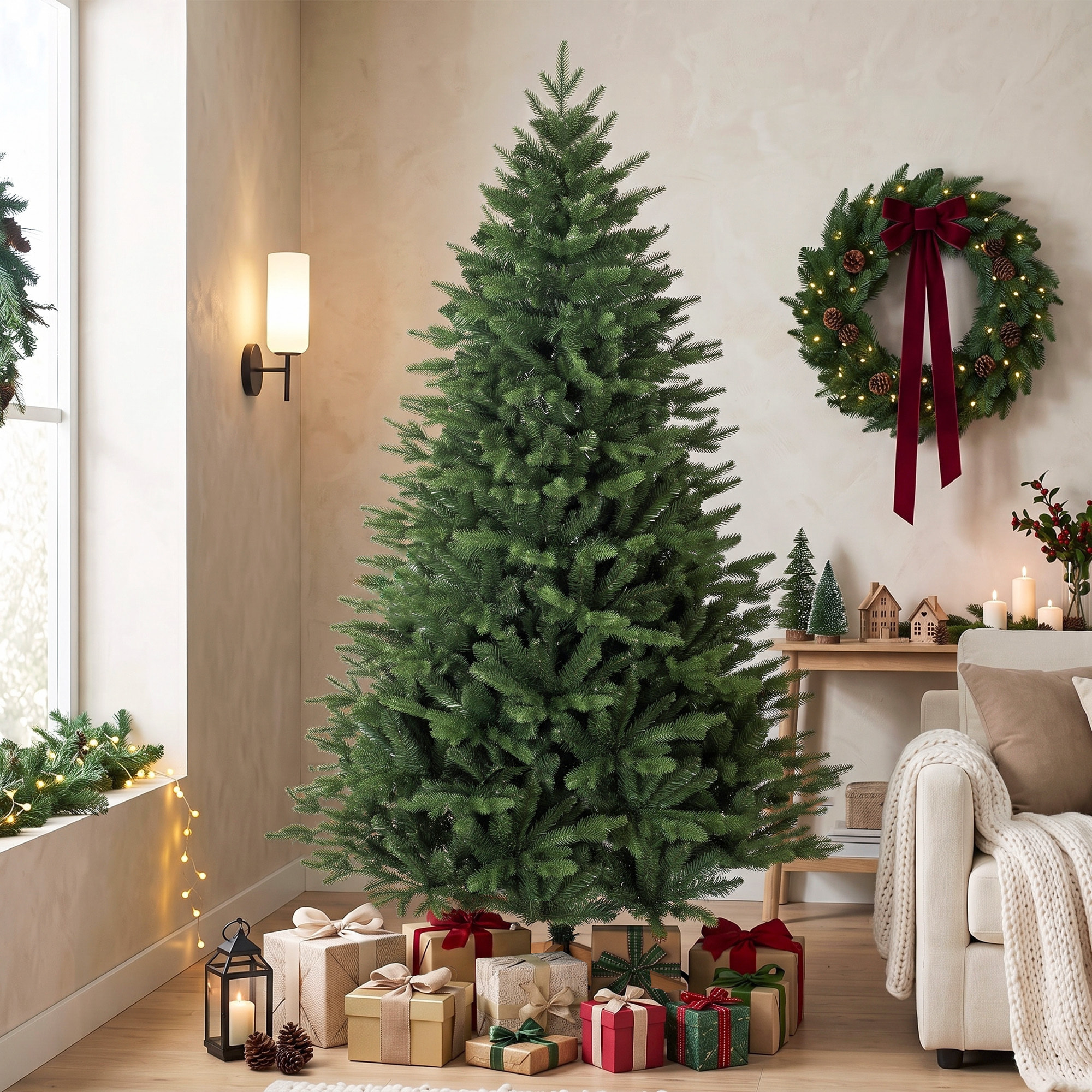 Sapin de Noël artificiel touffu grande taille H.180cm épicéa piètement bois