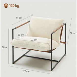 Fauteuil lounge design assise suspendue PU camel acier noir bouclette blanc cassé