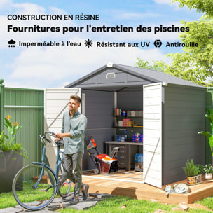 Abri de jardin 4,6 m² résine polypropylène fondation incluse structure alu 240 x 190 x 228 cm 2 portes fenêtre gris