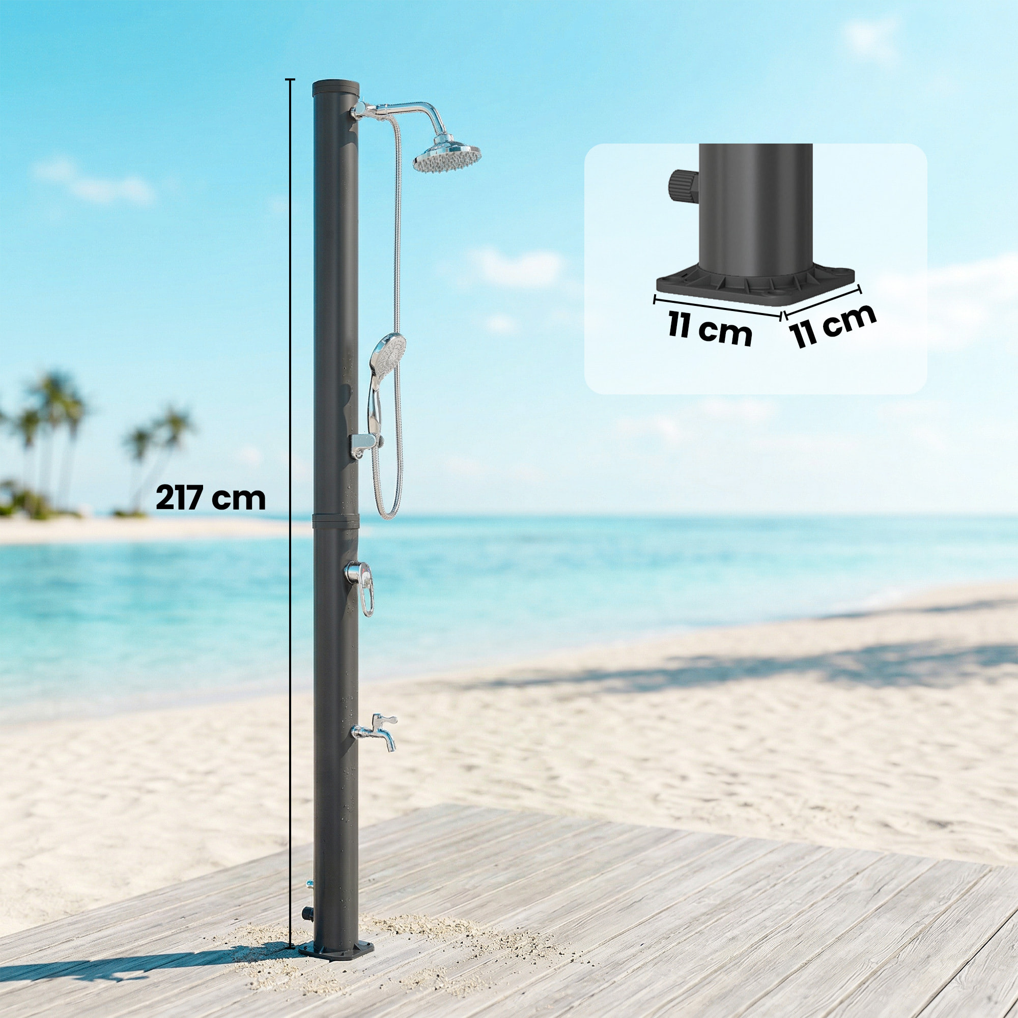 Ducha Solar de Jardín 20L Ducha Solar Exterior con Cabezal Rociador de Mano Grifo Pies Agua Fría y Caliente Máx. 60 °C Protección contra Congelamiento para Piscina Camping 42x11x215 cm Negro