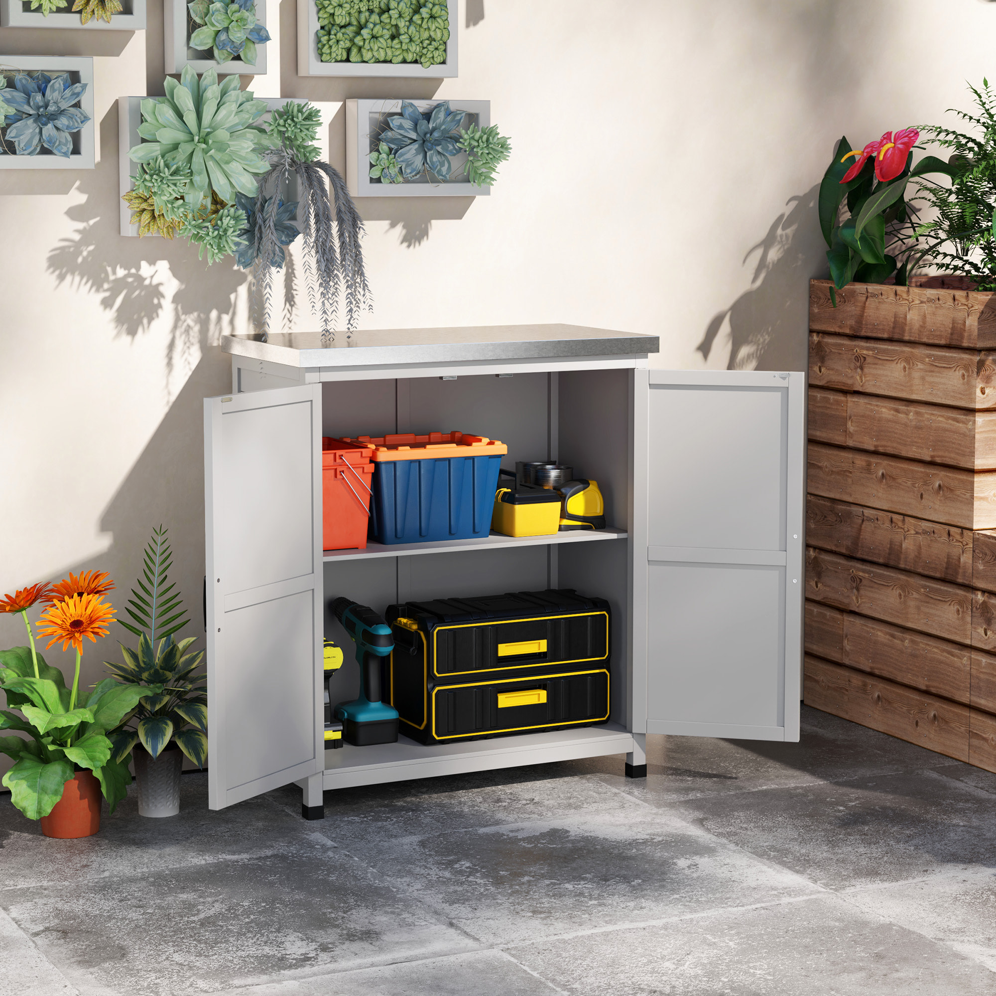 Armario de Exterior de Madera, Caseta de Jardín Exterior con Techo de Acero Galvanizado, Estante, 2 Puertas, Cobertizo de Jardín para Almacenamiento de Herramientas, 79x43x92 cm, Gris