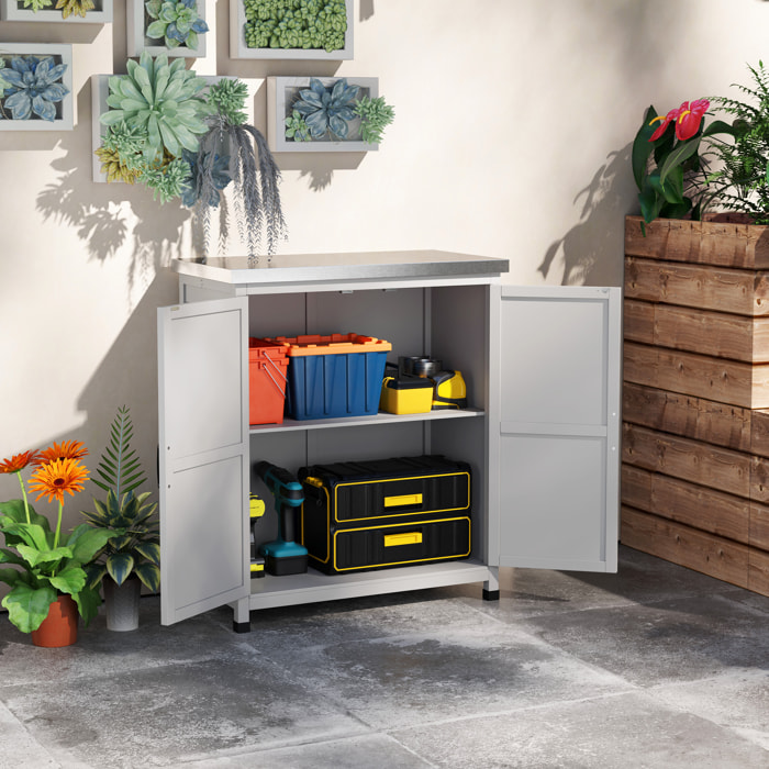 Armario de Exterior de Madera, Caseta de Jardín Exterior con Techo de Acero Galvanizado, Estante, 2 Puertas, Cobertizo de Jardín para Almacenamiento de Herramientas, 79x43x92 cm, Gris