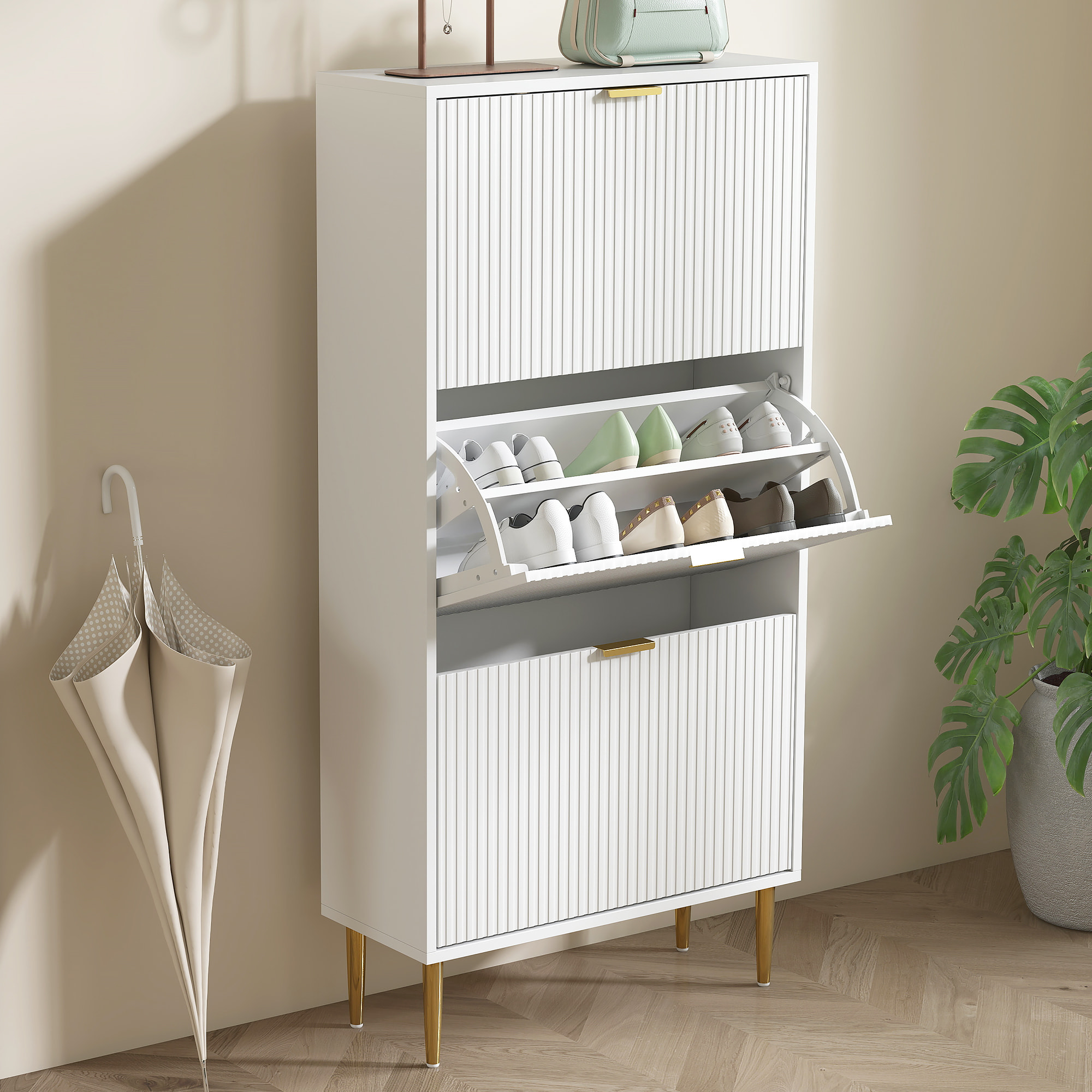 Meuble à chaussures style Art déco 3 portes piètement poignées métal doré 60 x 24 x 128 cm blanc