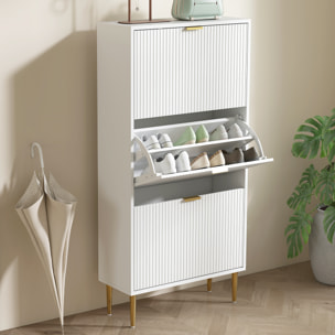 Meuble à chaussures style Art déco 3 portes piètement poignées métal doré 60 x 24 x 128 cm blanc