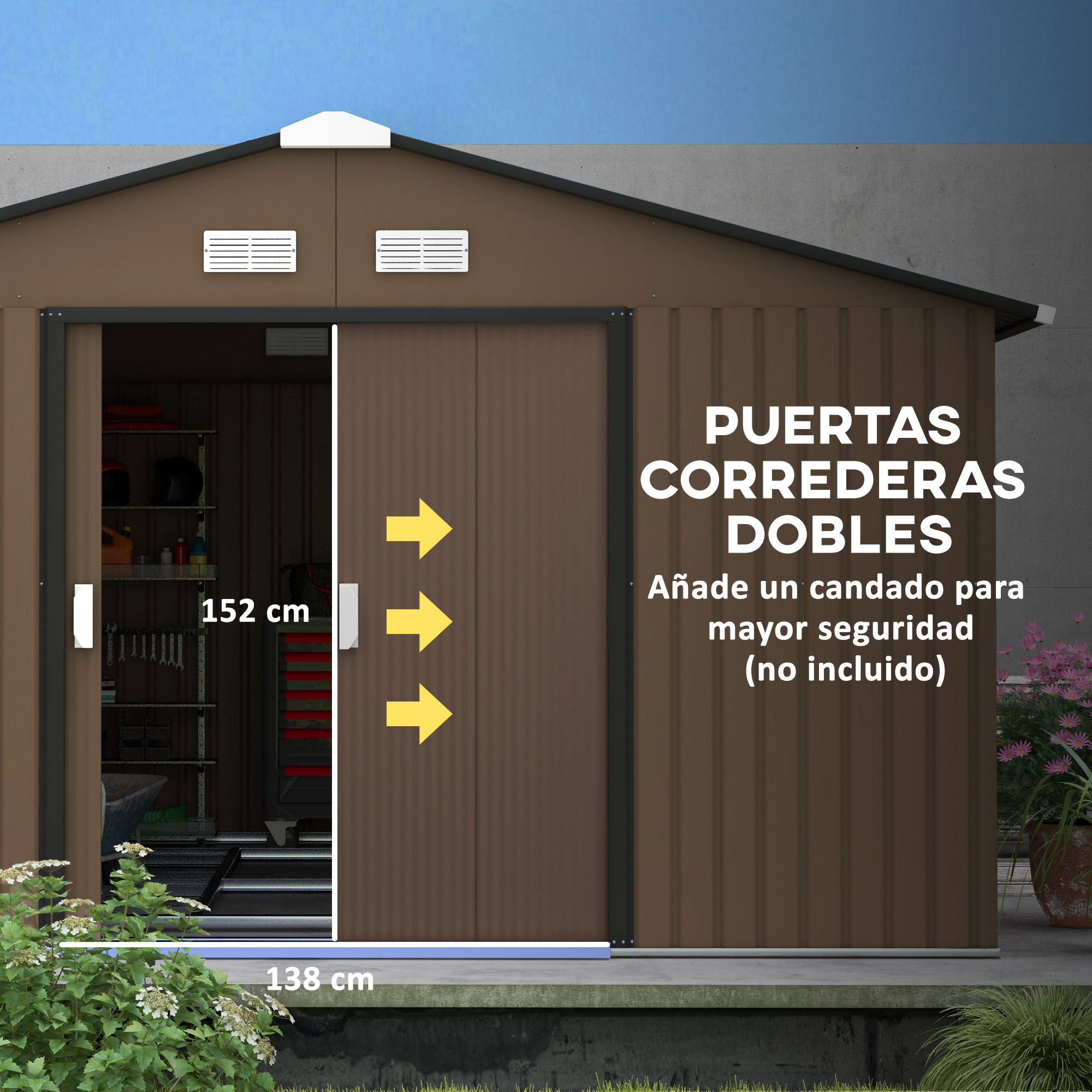 Caseta de Jardín Exterior, 12,4 m² 340x386x200 cm, Cobertizo de Jardín Exterior Metálico con Puerta Corredera, Base Refuerzo (Suelo NO Incluido) y Ventanas Marrón