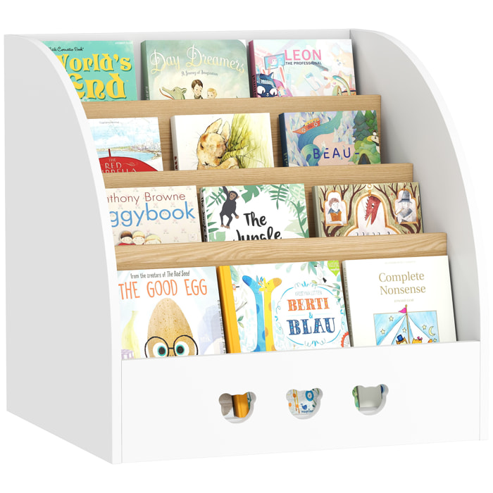 Estantería Infantil para Juguetes con Compartimento Oculto Organizador de Juguetes de 4 Niveles con Ruedas para Habitación Infantil Sala de Juegos Guardería Blanco y Natural