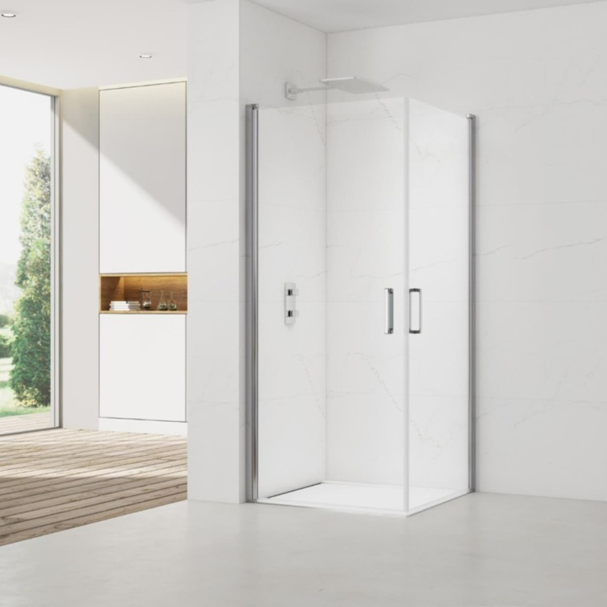 Fusion Portes de douche acces en angle pivotantes 80x80cm anticalcaire avec profilés chrome brillant (SATFUD8080-SET)