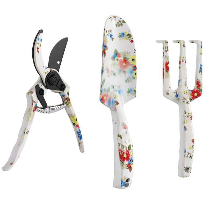Kit 3 outils de jardin - sécateur, transplantoir, griffe à main - alu métal blanc motif fleurs
