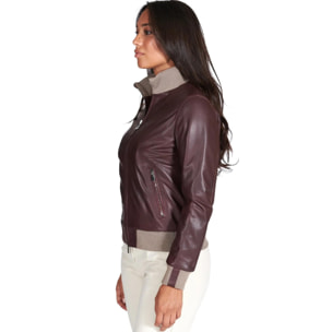 Bomber in pelle naturale bordeaux collo in lana merino