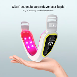 Dispositivo de belleza facial con 12 niveles de ajuste, 5 modos de luz LED y temporizador.
