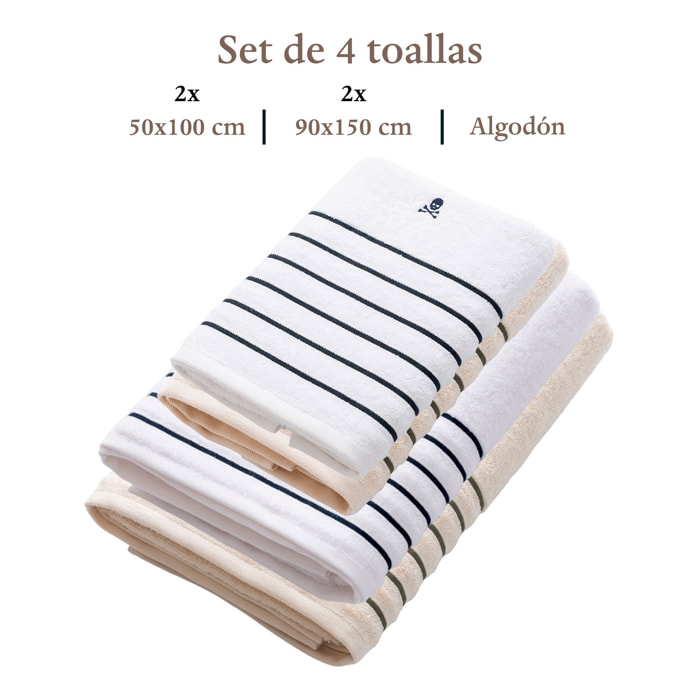 Set de 4 toallas: 2 de lavabo (100x50) y 2 de ducha (150x90), 100% algodón, 470 gsm, juego en blanco y en beige (con raya en verde) scalpers home