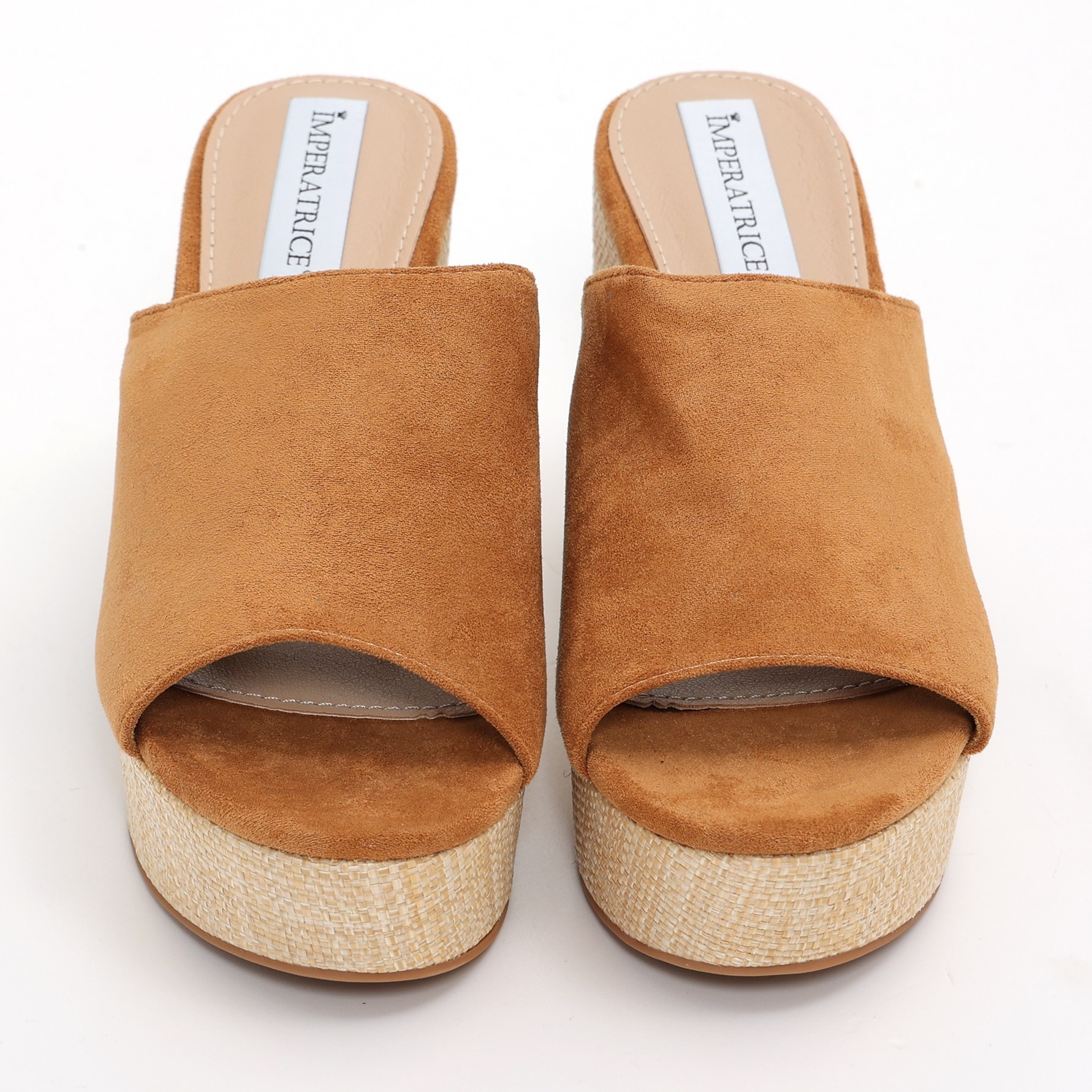 Sandali platform in simil camoscio con tacco in rafia