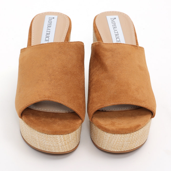 Sandali platform in simil camoscio con tacco in rafia