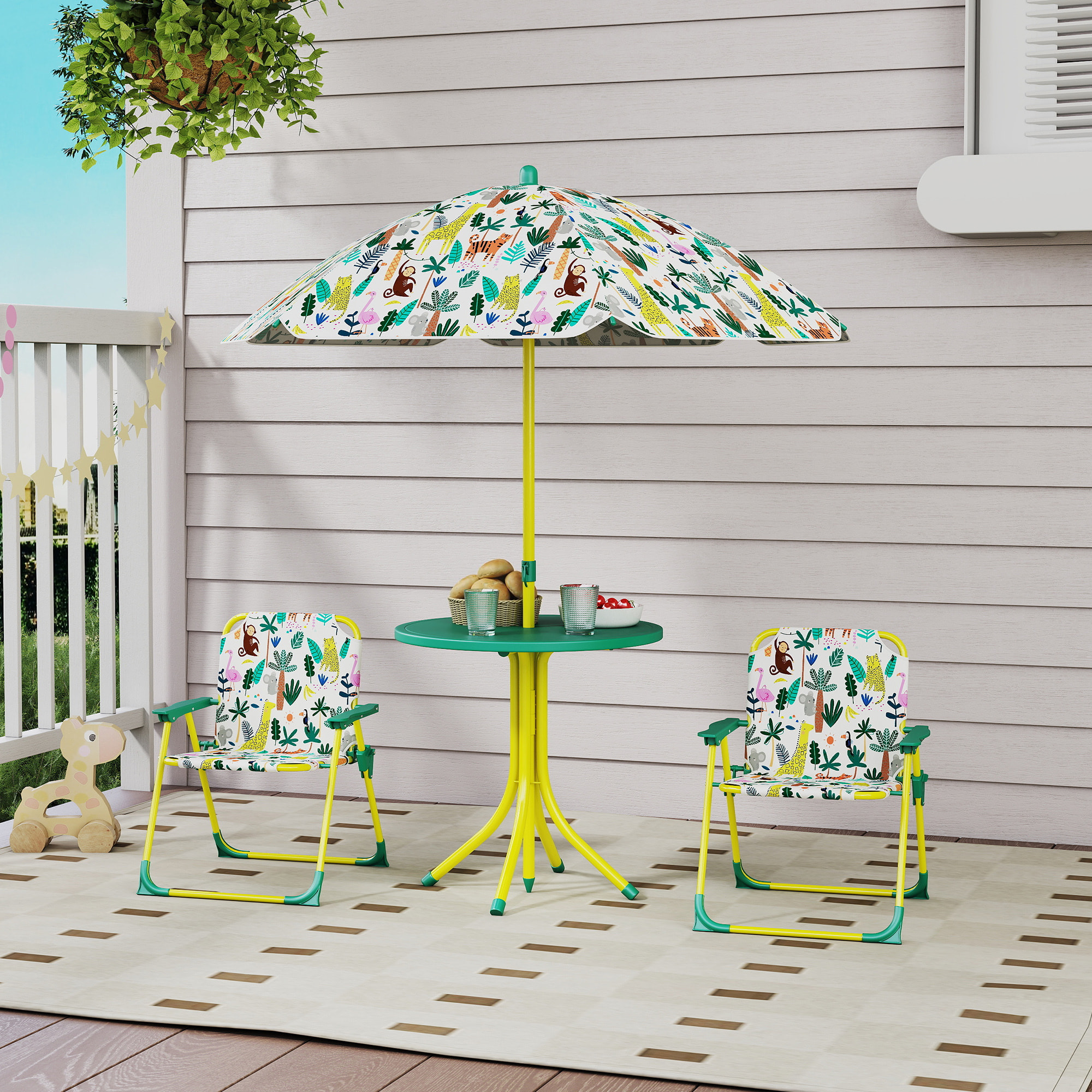 Conjunto de Mesa y Sillas Infantil de Jardín de 4 Piezas, Mesa Infantil con Sillas Plegables, Sombrilla Desmontable, Diseño de Jungla, para Patio, Pícnic, Verde