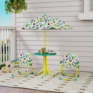 Conjunto de Mesa y Sillas Infantil de Jardín de 4 Piezas, Mesa Infantil con Sillas Plegables, Sombrilla Desmontable, Diseño de Jungla, para Patio, Pícnic, Verde