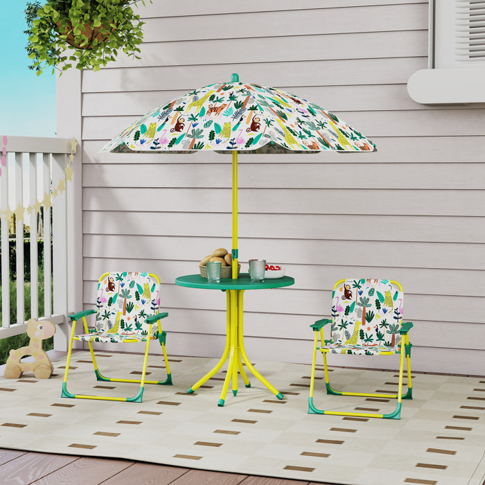 Conjunto de Mesa y Sillas Infantil de Jardín de 4 Piezas, Mesa Infantil con Sillas Plegables, Sombrilla Desmontable, Diseño de Jungla, para Patio, Pícnic, Verde
