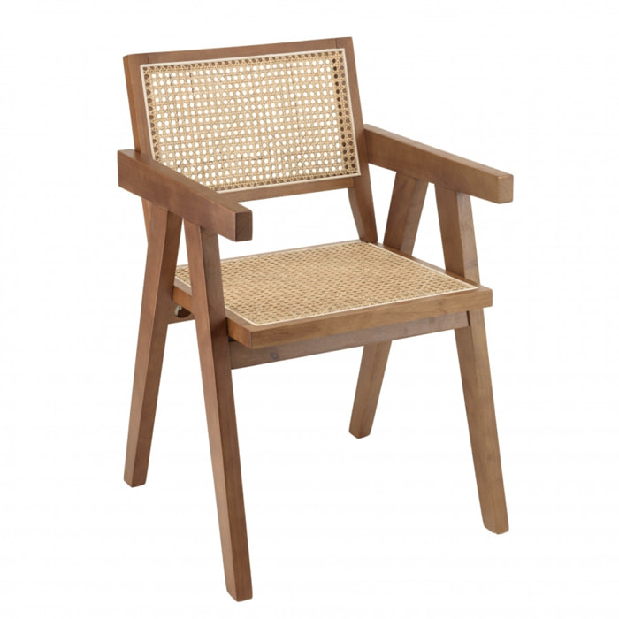 ALBANE- Fauteuil en bois d'Hévéa foncé dossier et assise rotin naturel