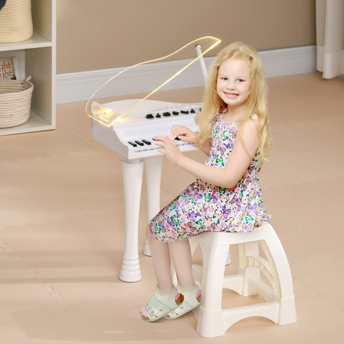 Piano Electrónico Infantil de 32 Teclas Juego de Piano con Micrófono Taburete Luces 22 Canciones 4 Sonidos Patas Desmontables y Volumen Ajustable 37x30,5x60,4 cm Blanco