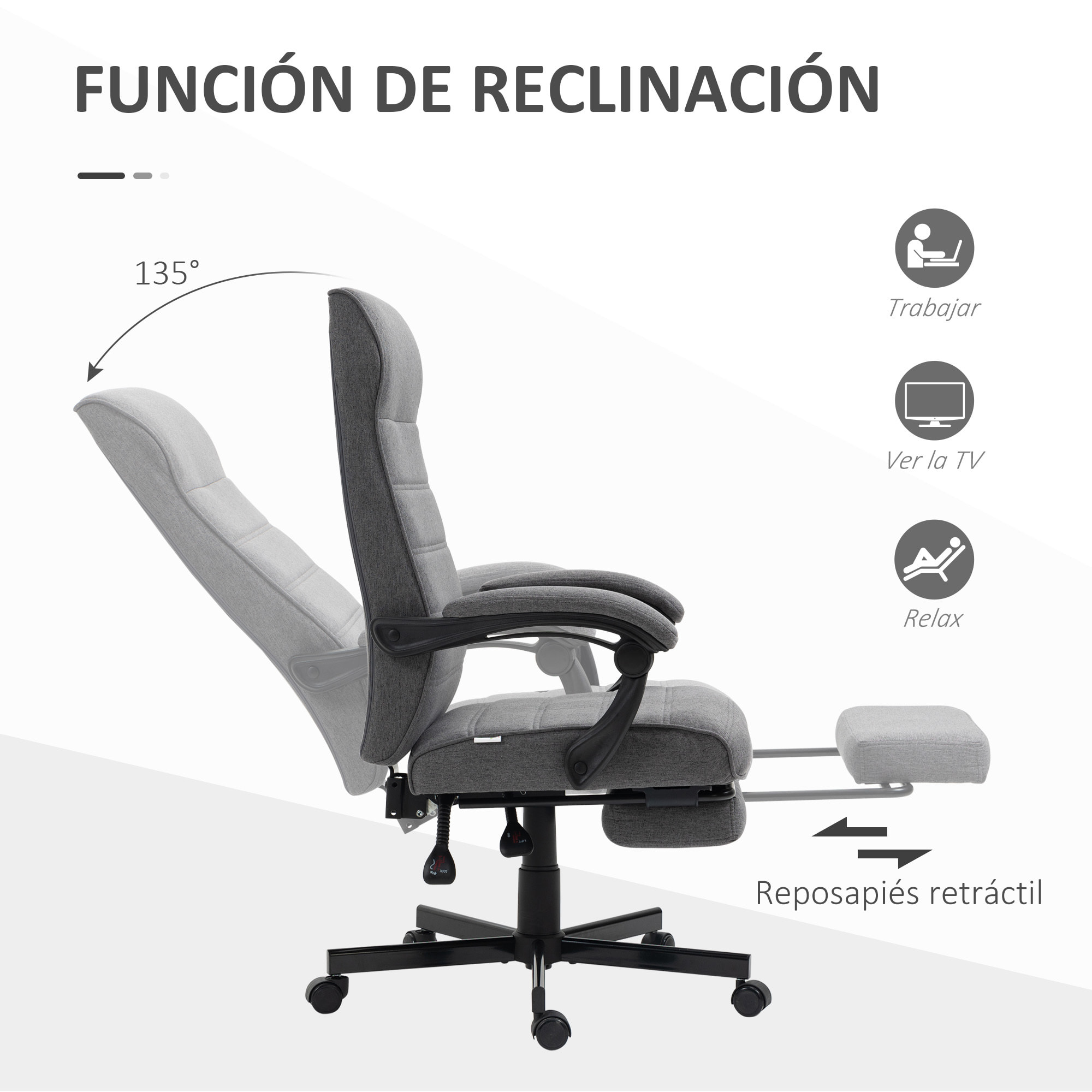 Silla de Escritorio Reclinable Silla de Oficina Giratoria con Altura Ajustable Reposapiés Retráctil y Reposabrazos Silla para Estudio Carga 120 kg Gris