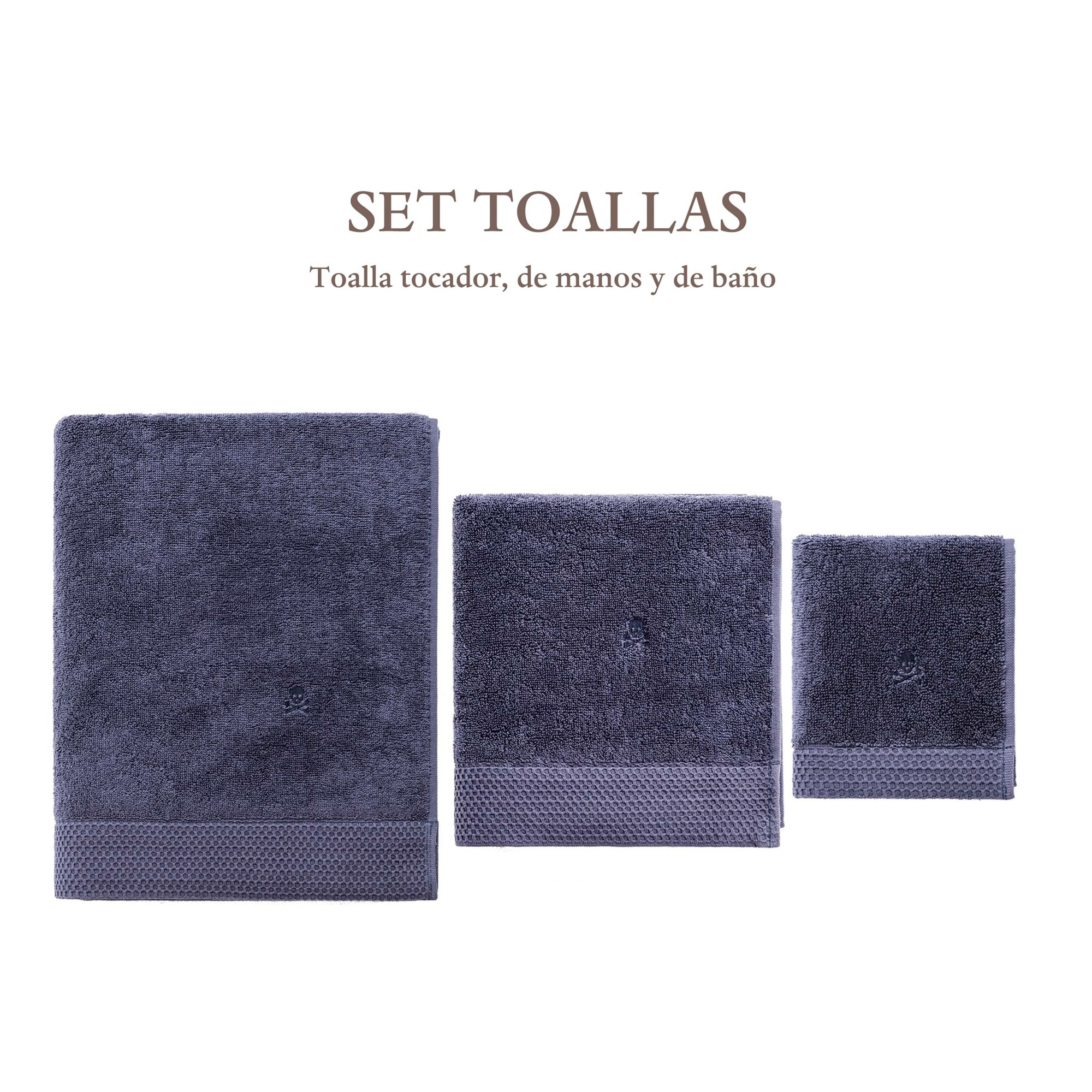 Juego de 3 toallas navy (tocador 30x50cm, manos 50x100cm y baño 90x150cm) scalpers home