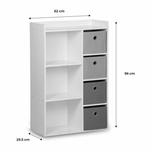 Meuble de rangement pour enfant. blanc - Camille - avec 7 compartiments et 4 paniers gris et roses