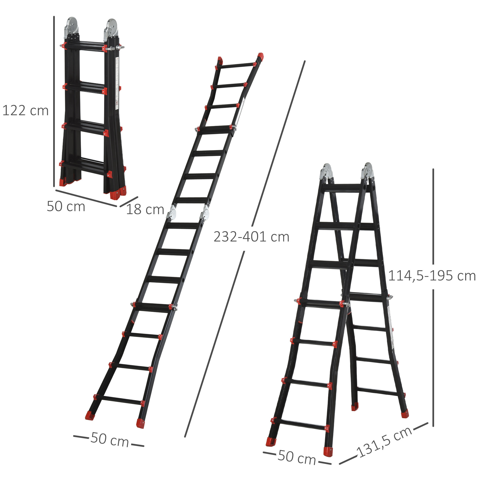 Escalera Telescópica de Aluminio 4 m Escalera Extensible Plegable con 8 Peldaños Ajustables y 2 Formas Escalera Multiusos Carga 150 kg Negro y Rojo