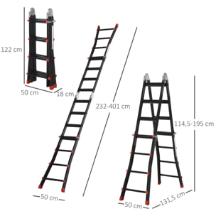 Escalera Telescópica de Aluminio 4 m Escalera Extensible Plegable con 8 Peldaños Ajustables y 2 Formas Escalera Multiusos Carga 150 kg Negro y Rojo