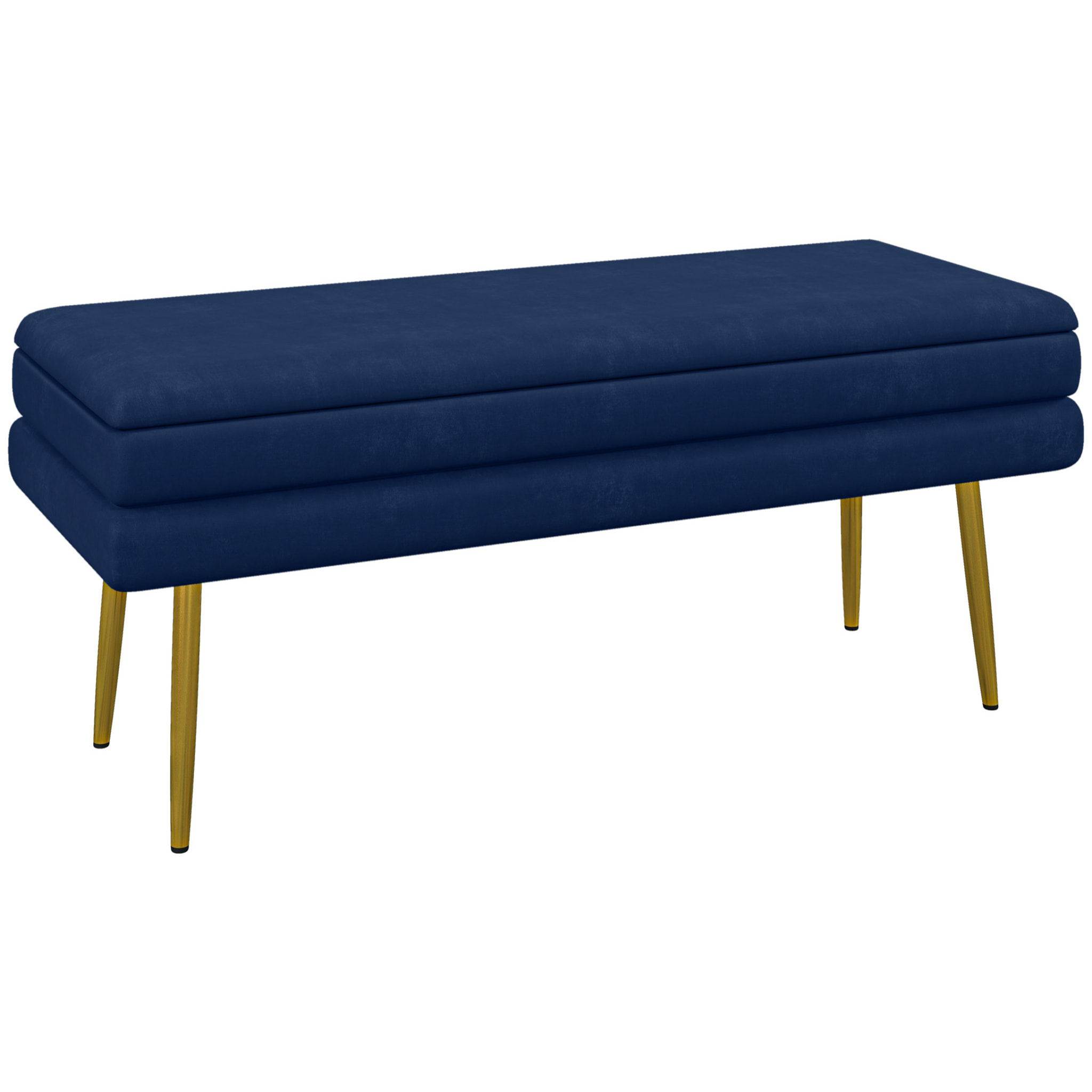Banquette coffre de rangement 2 en 1 piètement effilé incliné acier doré velours bleu marine
