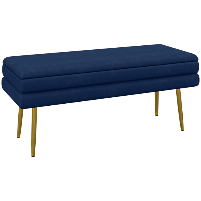 Banquette coffre de rangement 2 en 1 piètement effilé incliné acier doré velours bleu marine