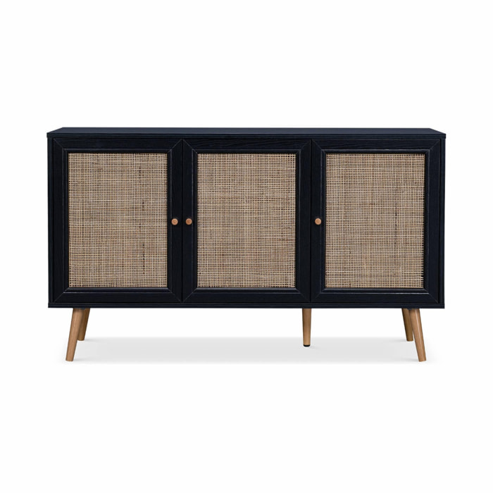 Buffet de rangement en cannage. noir 120x39x70cm - Bohème - 2 niveaux. 3 portes. pieds scandinaves