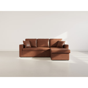 Cyrus - Canapé d'angle réversible 4 places - convertible avec coffre - en simili - Cognac
