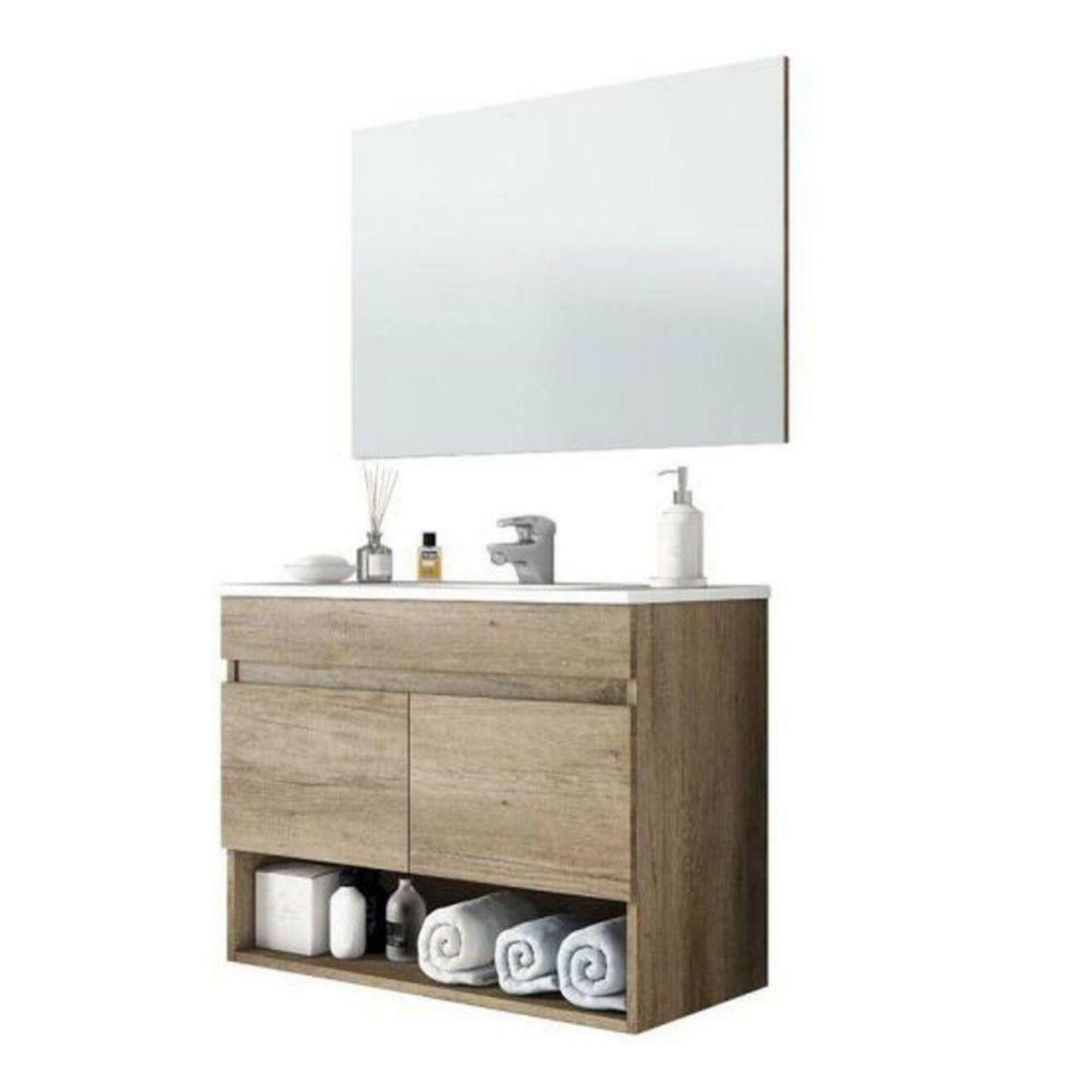 Mobile Mobiletto Bagno Sospeso Legno Con 2 Ante Ripiani E Vani Aperti Lavabo In Ceramica Con Specchio E Led Design Nordico 80 x 45 x 64 Cm Rovere