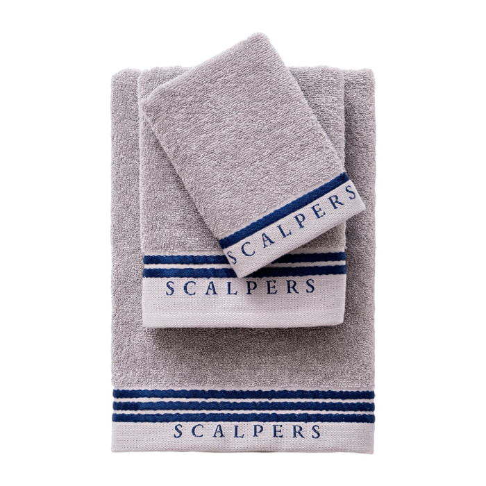 Set toallas baño (tocador 30x50cm + manos 50x90cm + baño 70x140cm) gris con azul scalpers home