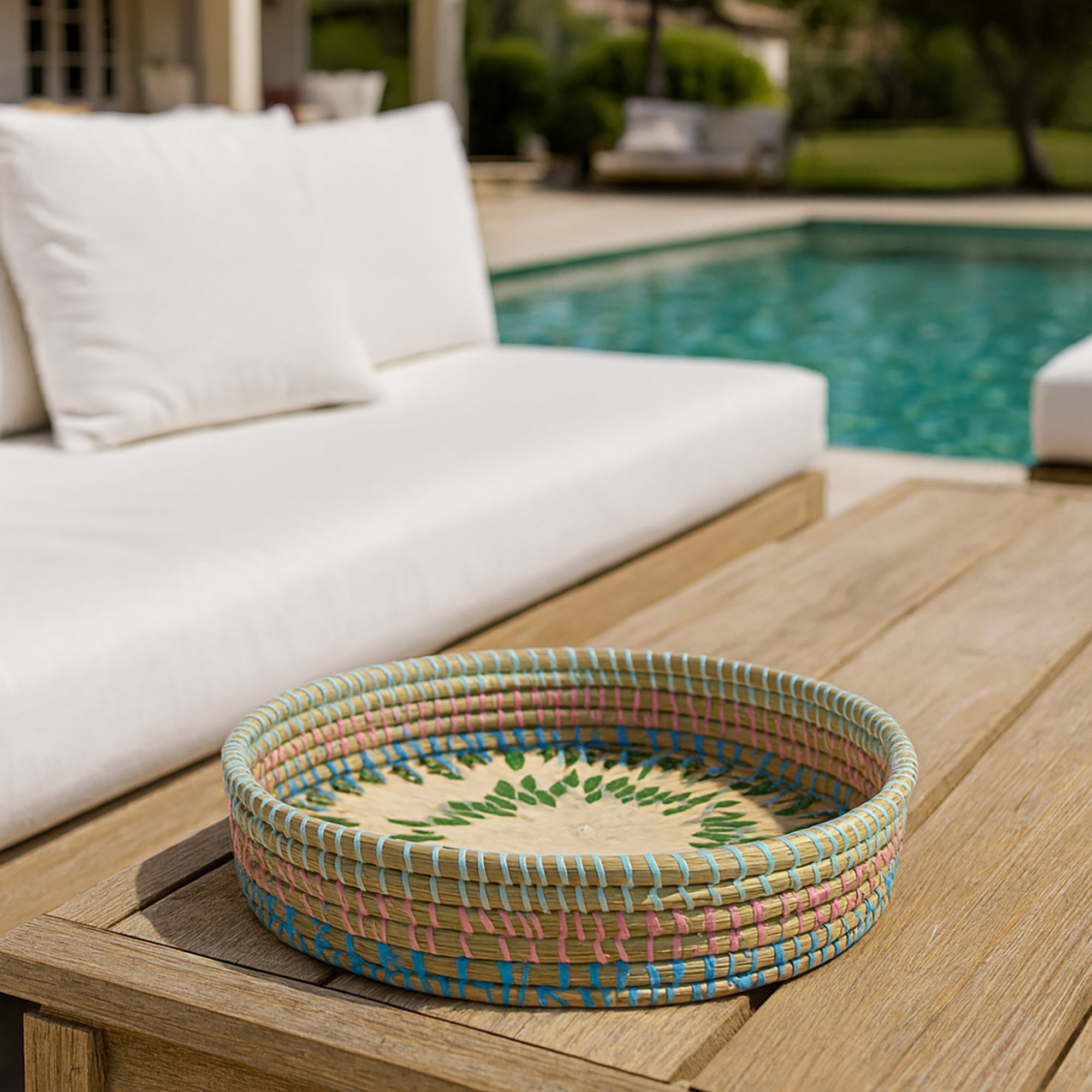 Plateau rond en jonc de mer et coquillages 33cm PAROS