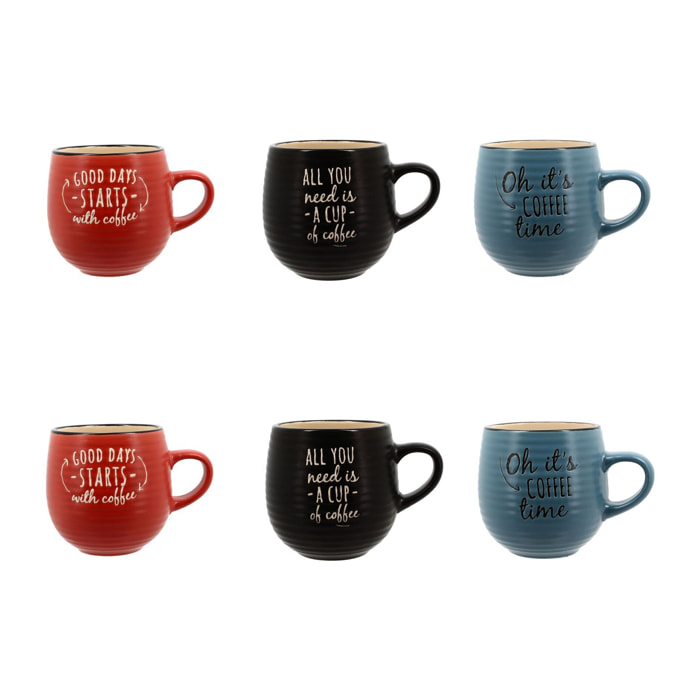 Lot de 6 mugs en grès - 3 couleurs assorties 35cl PAUSE CAFE