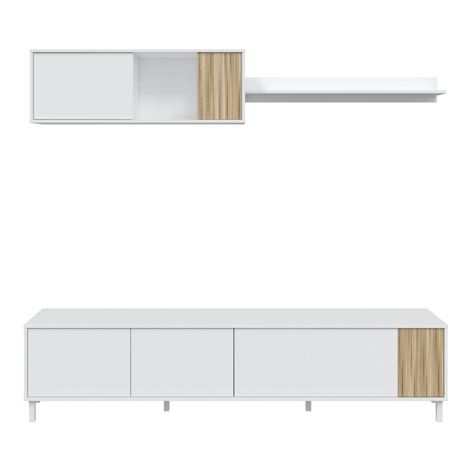 Mueble TV con estante Summer 4 puertas, color Blanco Artik y madera