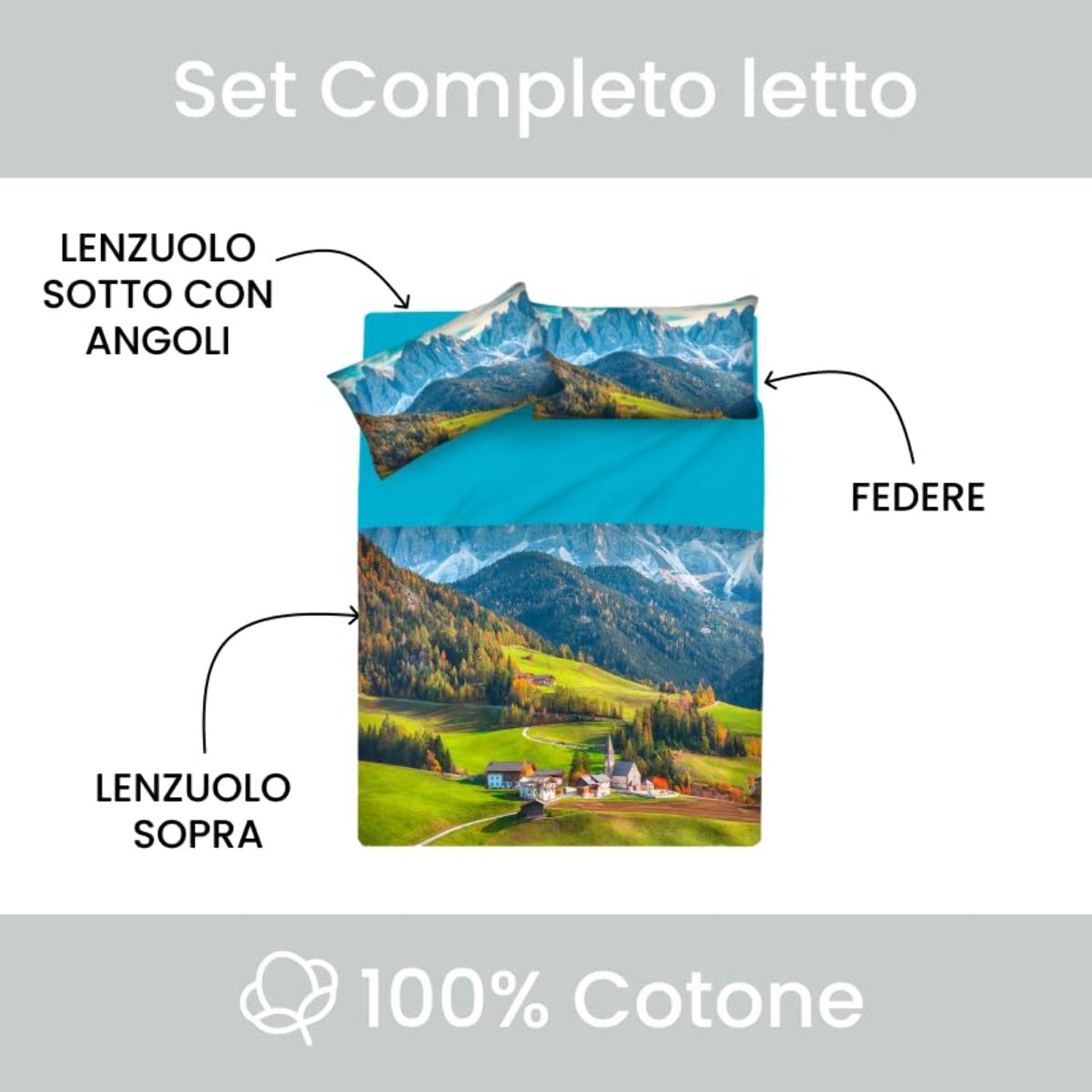 INTRECCI Completo Lenzuola Singolo in Cotone, Stampa Alta Qualità, Lenzuolo Sotto + Lenzuolo Sopra + 1 Federa, Comfort, Morbidezza, per Pelli Sensibili, non Stringe in Lavatrice. Fantasia: Alpen