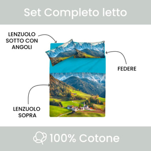 INTRECCI Completo Lenzuola Singolo in Cotone, Stampa Alta Qualità, Lenzuolo Sotto + Lenzuolo Sopra + 1 Federa, Comfort, Morbidezza, per Pelli Sensibili, non Stringe in Lavatrice. Fantasia: Alpen