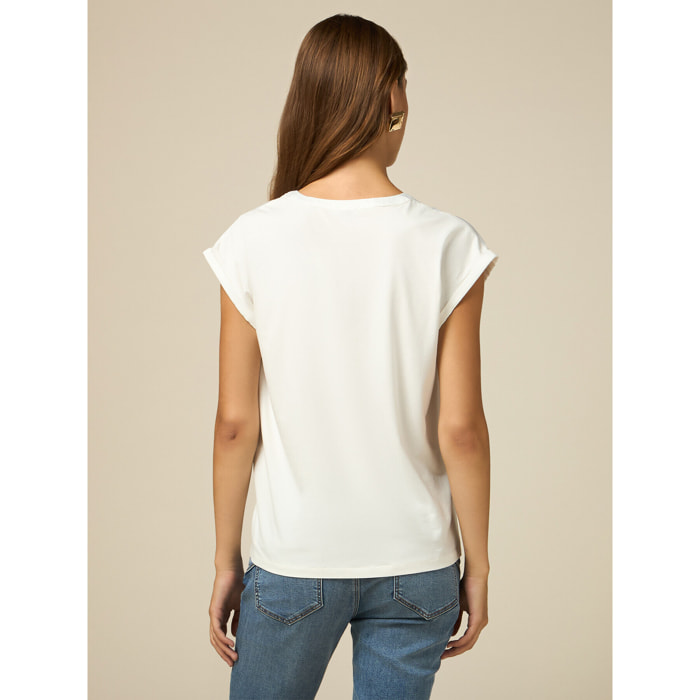 Oltre - Camiseta bimateria con escote de pico - Blanco