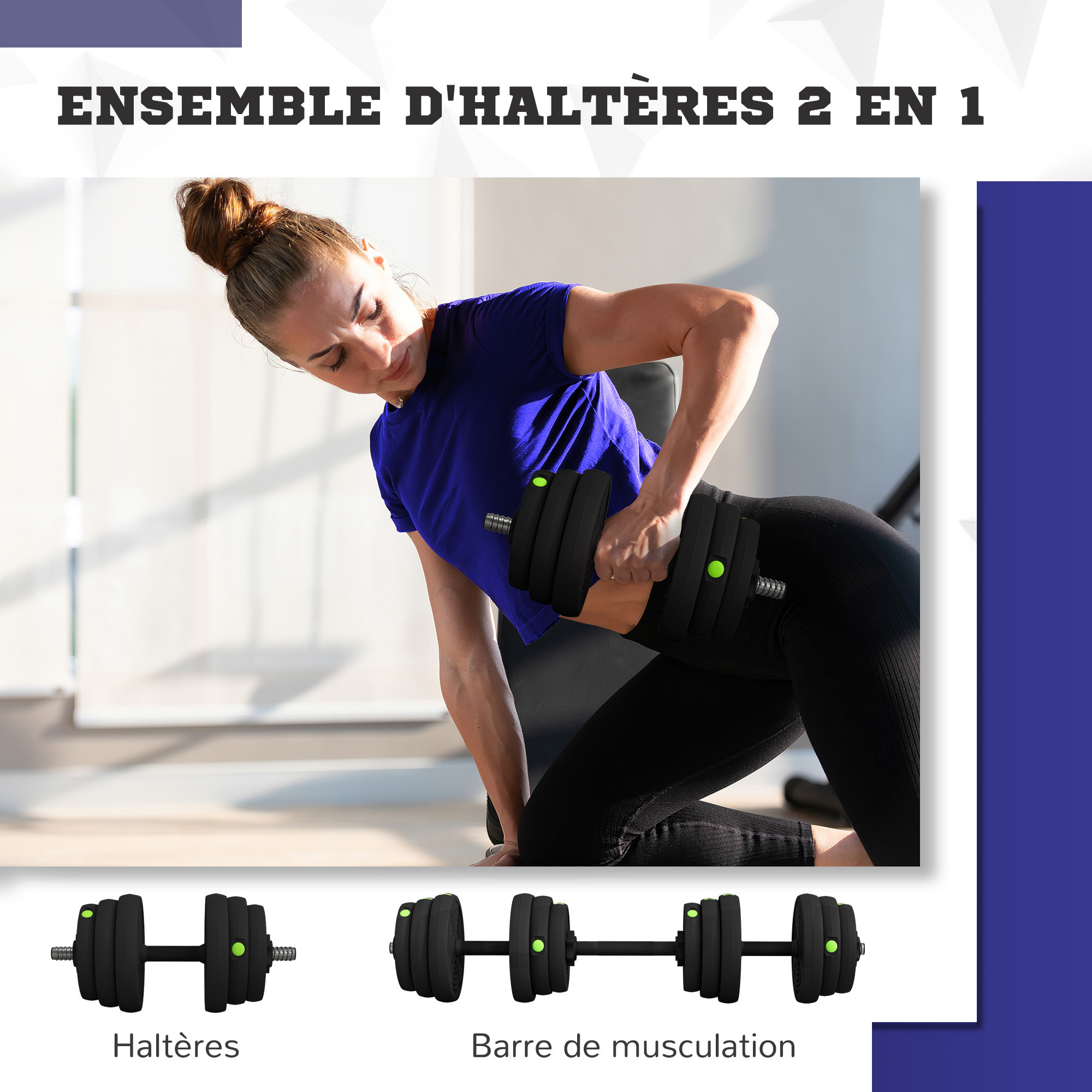 Haltères 2 en 1 réglables - haltères libres 25 Kg - barres incluses - entraînement musculaire & haltérophilie - noir vert