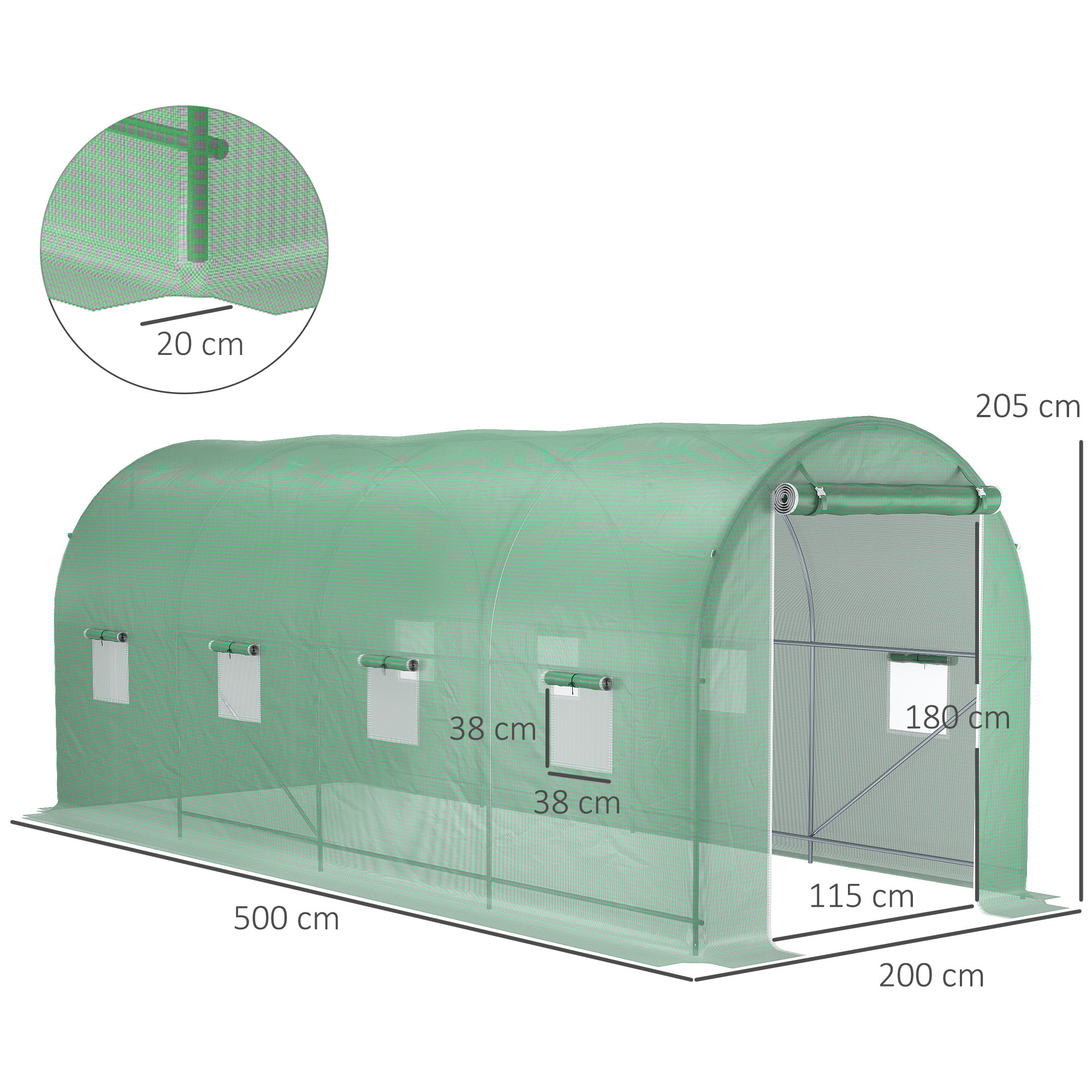 Invernadero de Túnel 500x200x205 cm Invernadero de Jardín con Puerta Enrollable y 8 Ventanas Cubierta PE 140 g/m² Marco de Metal para Cultivo Plantas Verduras Verde