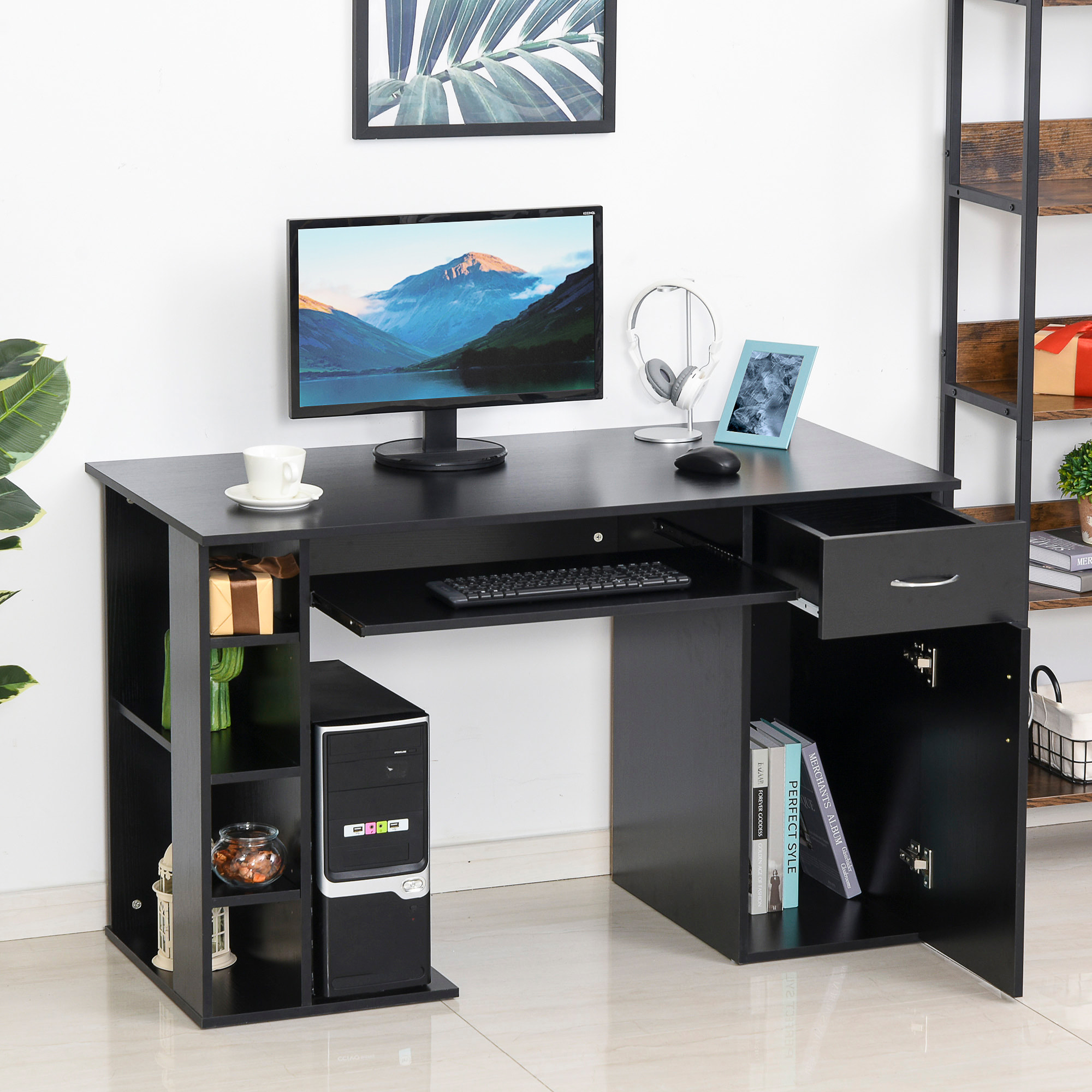 Bureau informatique multimédia multi-rangements avec étagère tiroir tablette clavier MDF 120 x 60 x 74 cm noir