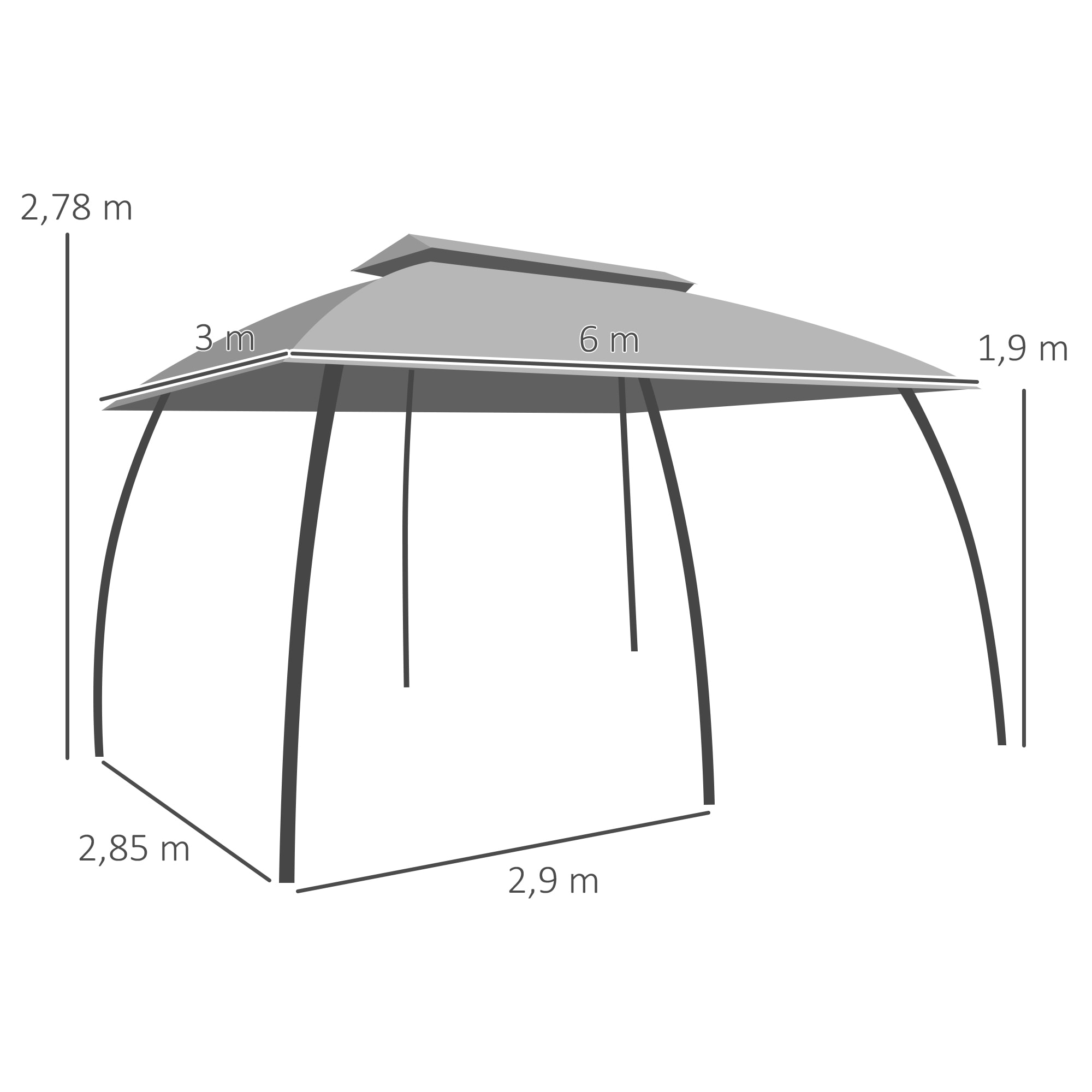 Cenador de Jardín 3x6 m con Doble Techo 6 Cortinas Laterales 6 Mosquiteras Gris