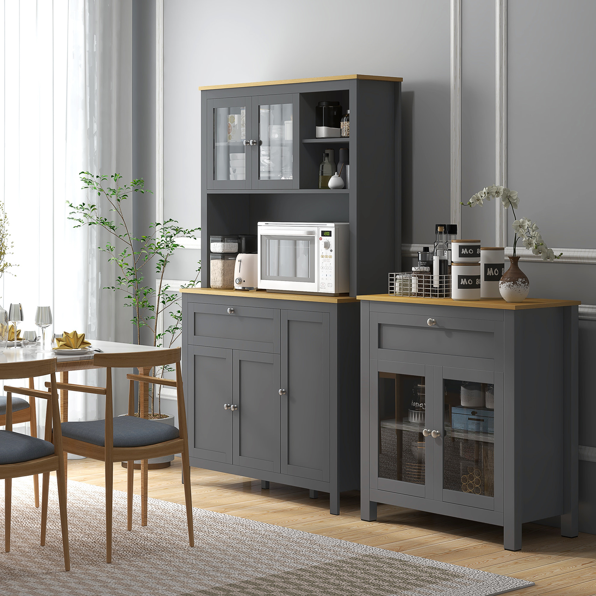 Alacena de Cocina Alta, Mueble Auxiliar de Cocina, con 5 Puertas, Estante Ajustable, Cajón, Encimera Abierta de Microondas, Orificio para Cable, 100x40x180 cm, Gris