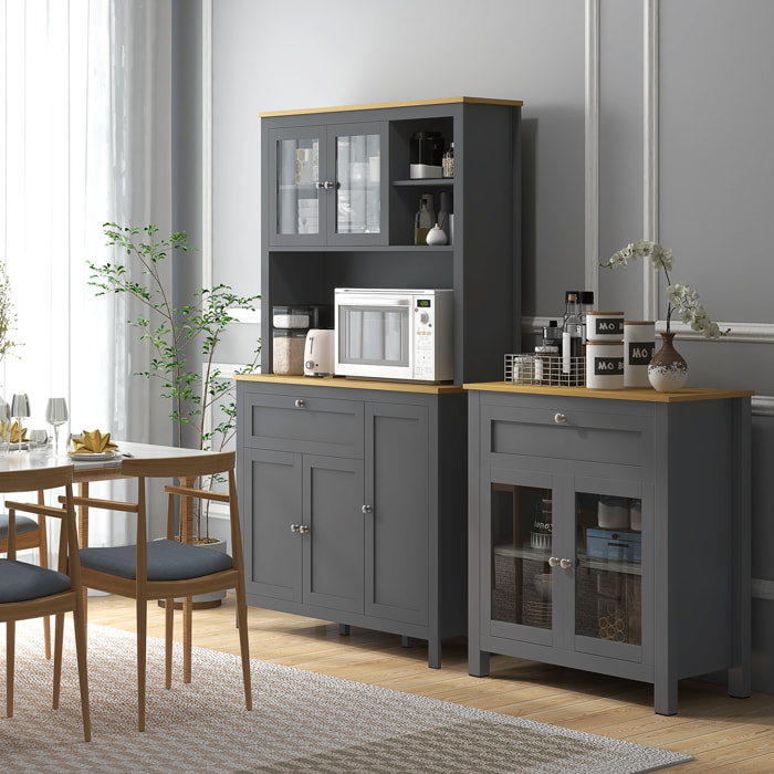 Alacena de Cocina Alta, Mueble Auxiliar de Cocina, con 5 Puertas, Estante Ajustable, Cajón, Encimera Abierta de Microondas, Orificio para Cable, 100x40x180 cm, Gris