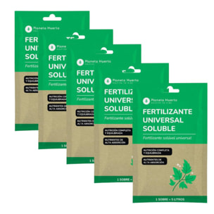 PLANETA HUERTO | Pack Fertilizante Universal Soluble 5 Sobres para 25 L , Abono Completo NPK 6-4-6 - Pack Fertilizante con Micronutrientes para Todo Tipo de Plantas