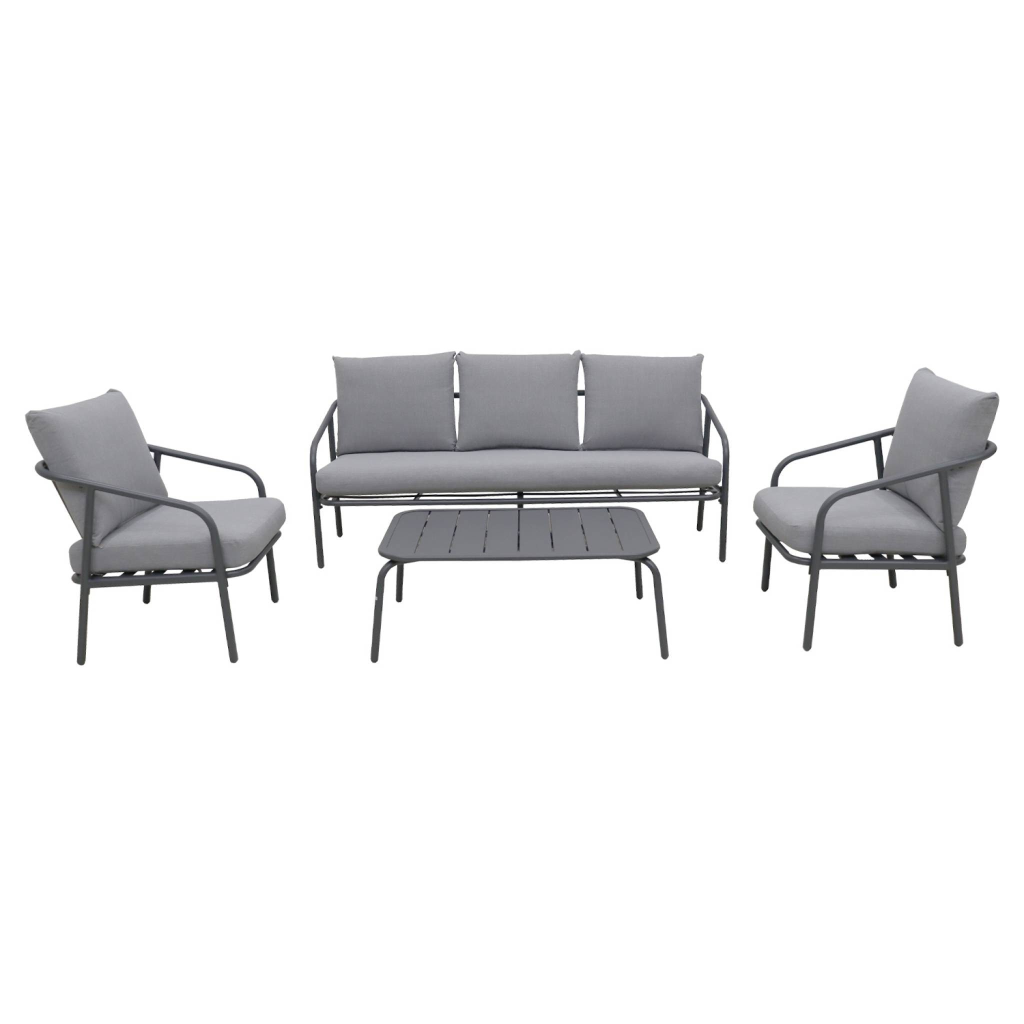 Salon de jardin en acier. structure anthracite. coussins gris. 5 places