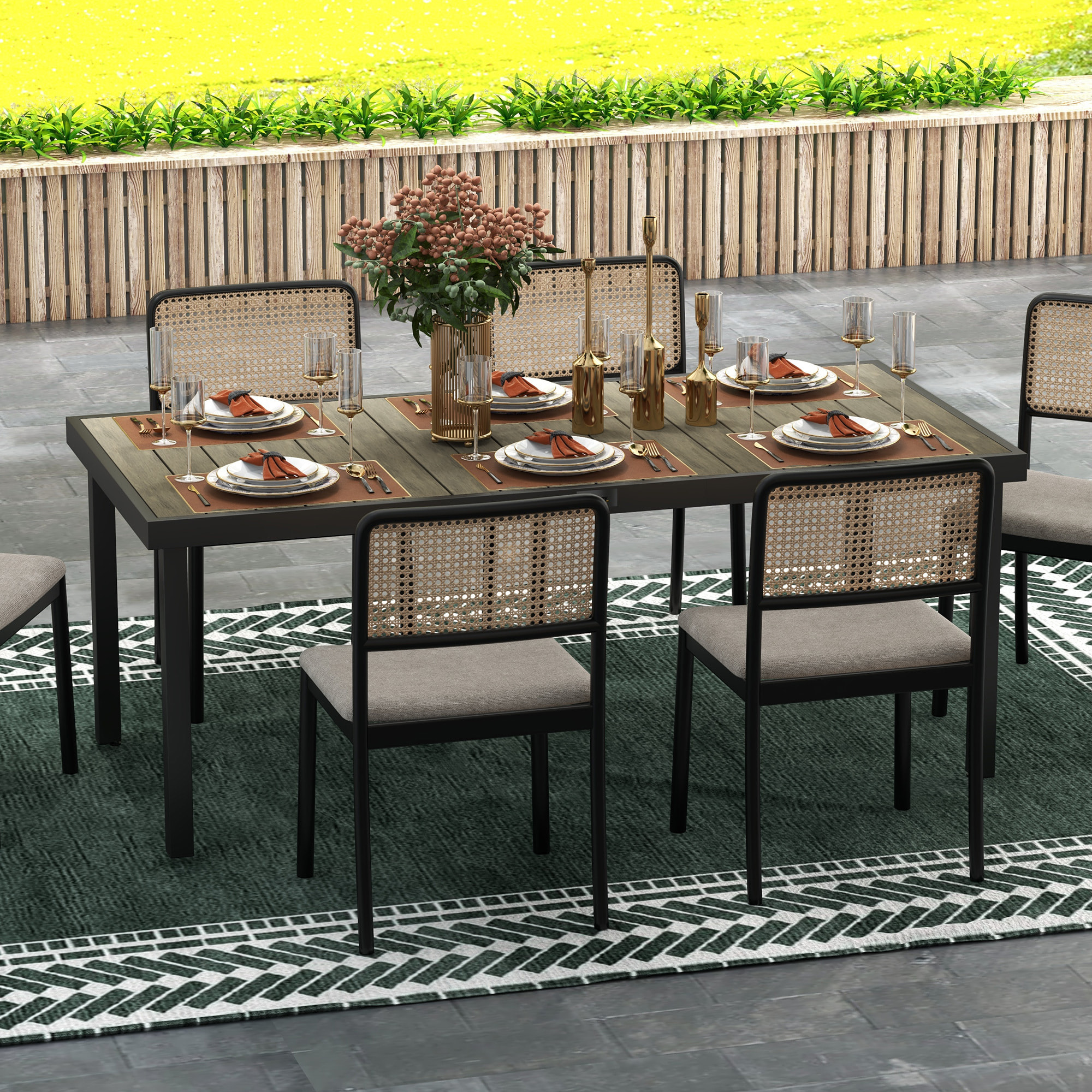 Mesa de Comedor Exterior de Aluminio Mesa de Jardín Exterior para 8 Personas con Encimera de Listones para Terraza Balcón 190x90x74 cm Natural y Negro