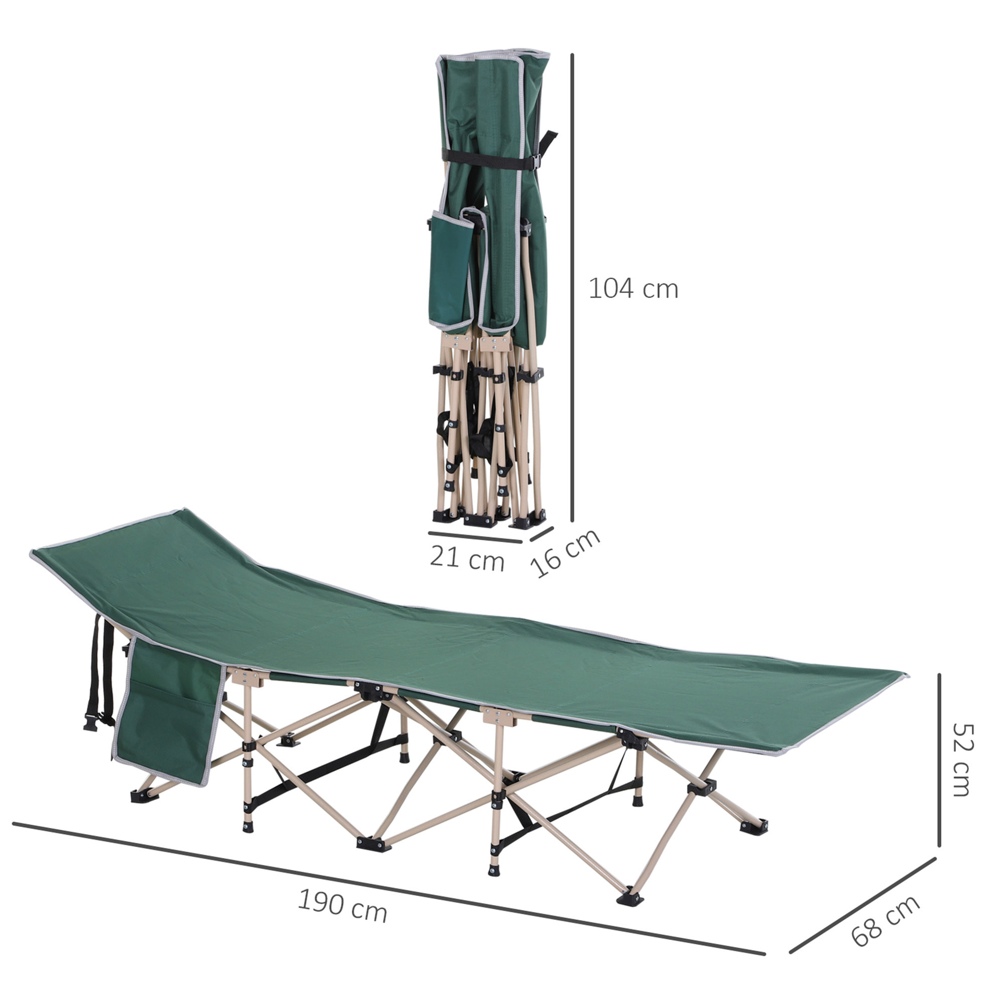 Lit de camp camping pliable 190 x 68 x 52 cm max. 150 Kg sac transport inclus acier oxford vert